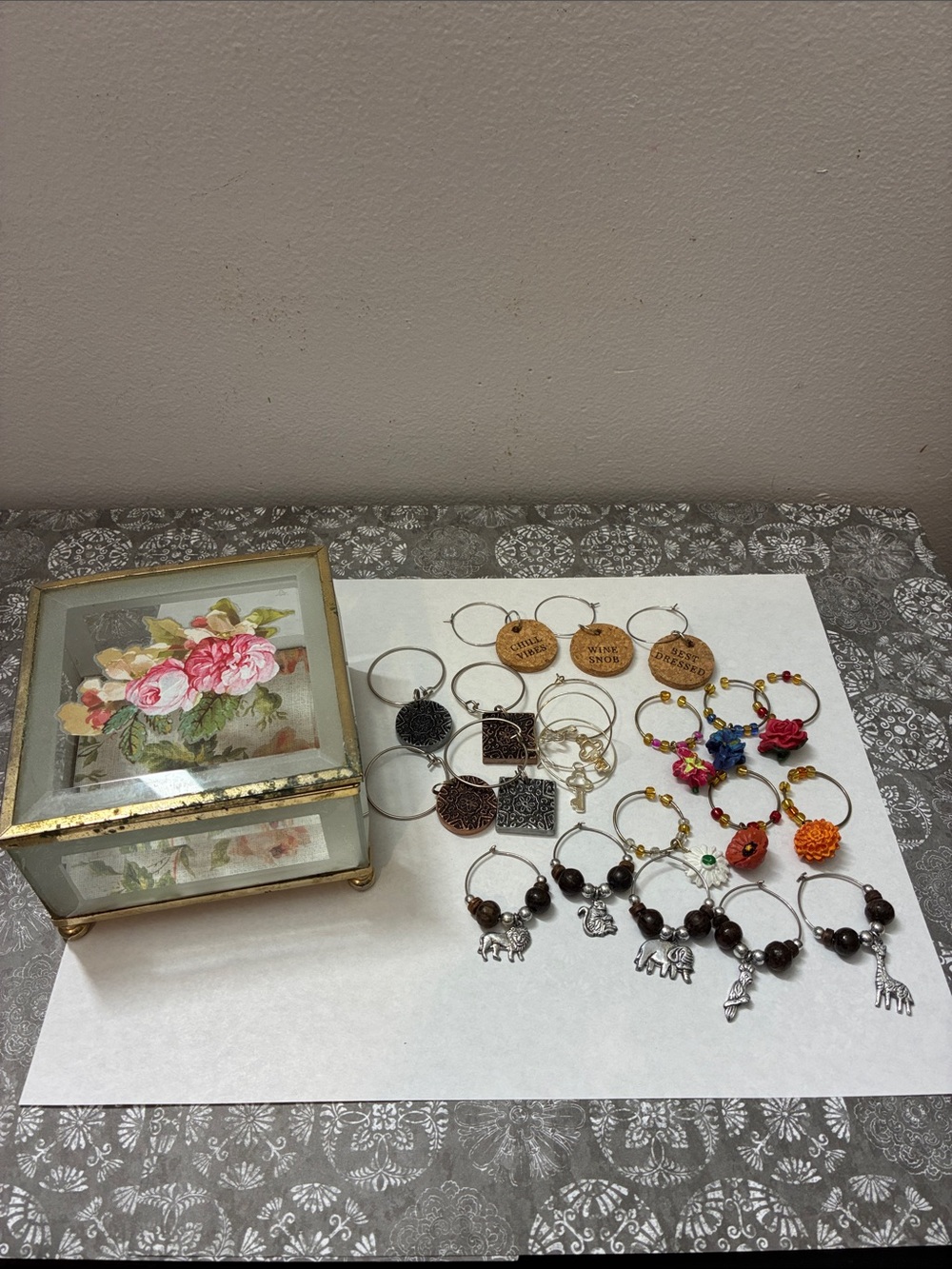 Upcycled Floral  Glass Box with Assorted Wine Charms